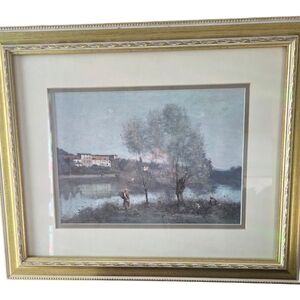 Gold-Framed Riverside Landscape Wall Art in Blue and Green